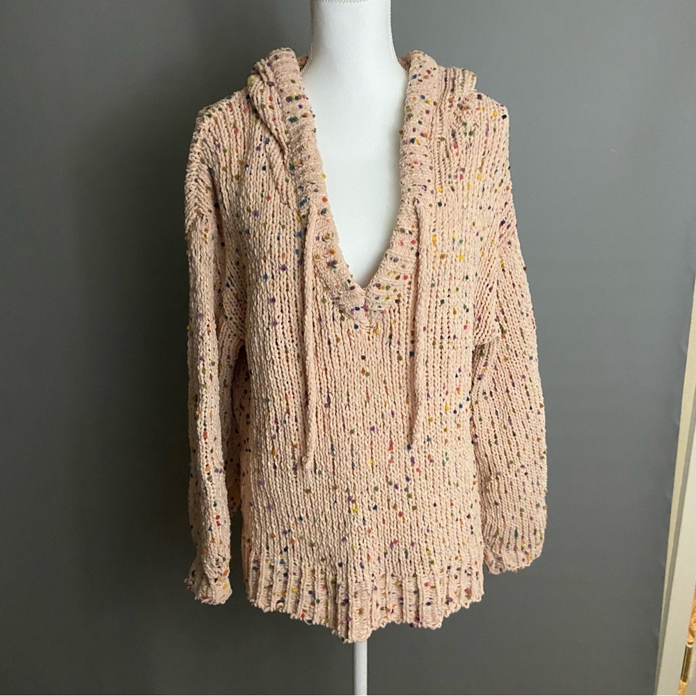 POL Speckles Oversized Knit V-neck Hoodie in soft pink multi-color- Size M